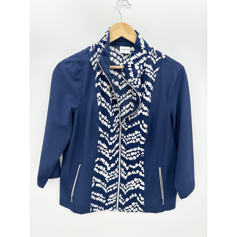Zenergy by Chicos Women US M Blue White‎ Printed Full Zip Jacket Polyester Golf